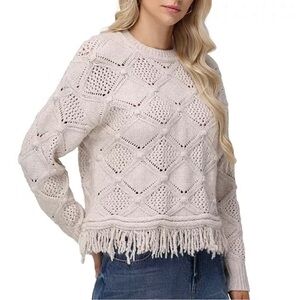 FRYE Ivory Pointelle Knit Pullover Sweater Women Fringe Crew Neck Long Sleeve L